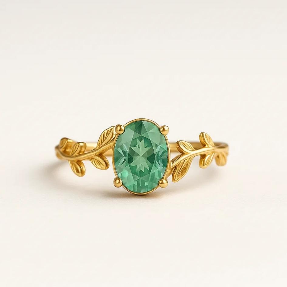 Viento de Esmeralda – Anillo dorado con ágata verde y motivo foliar